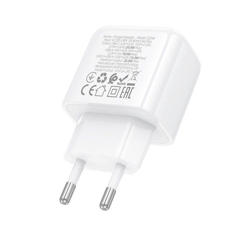 Мережевий зарядний пристрій HOCO CS54A TYPE-C PD 20W + USB QC 3.0, білий
