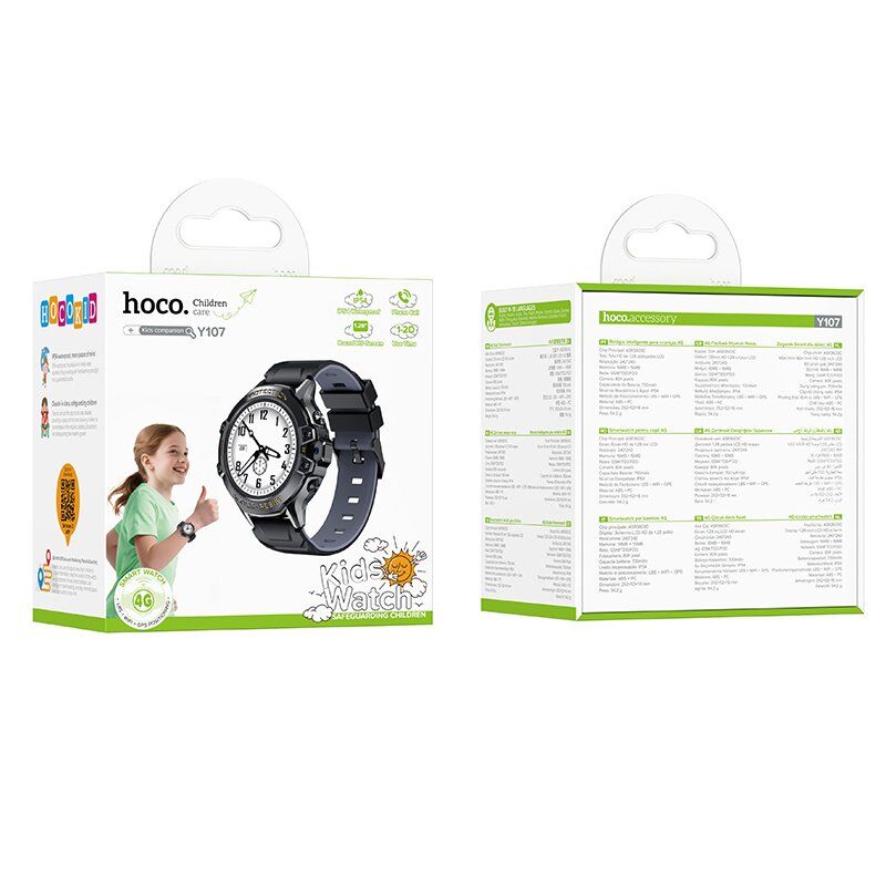 Дитячі смарт-годинники HOCO Y107 4G з дзвінками, GPS/Wi-Fi/LBS, SOS, чорно-чорні