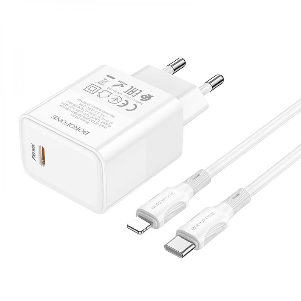 Мережевий зарядний пристрій BOROFONE BA77A Insightful PD30W USB-C + кабель TYPE-C - LIGHTNING Мережевий зарядний пристрій BOROFONE BA77A Insightful PD30W USB-C + кабель TYPE-C - LIGHTNING