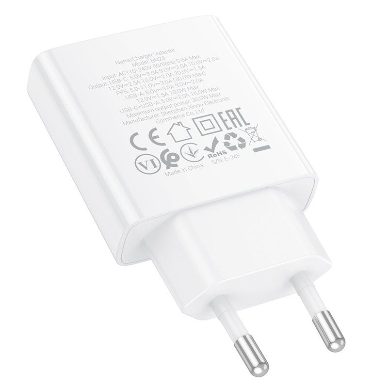 Мережевий зарядний пристрій BOROFONE BN25 PD 30W + QC3.0, білий Мережевий зарядний пристрій BOROFONE BN25 PD 30W + QC3.0, білий