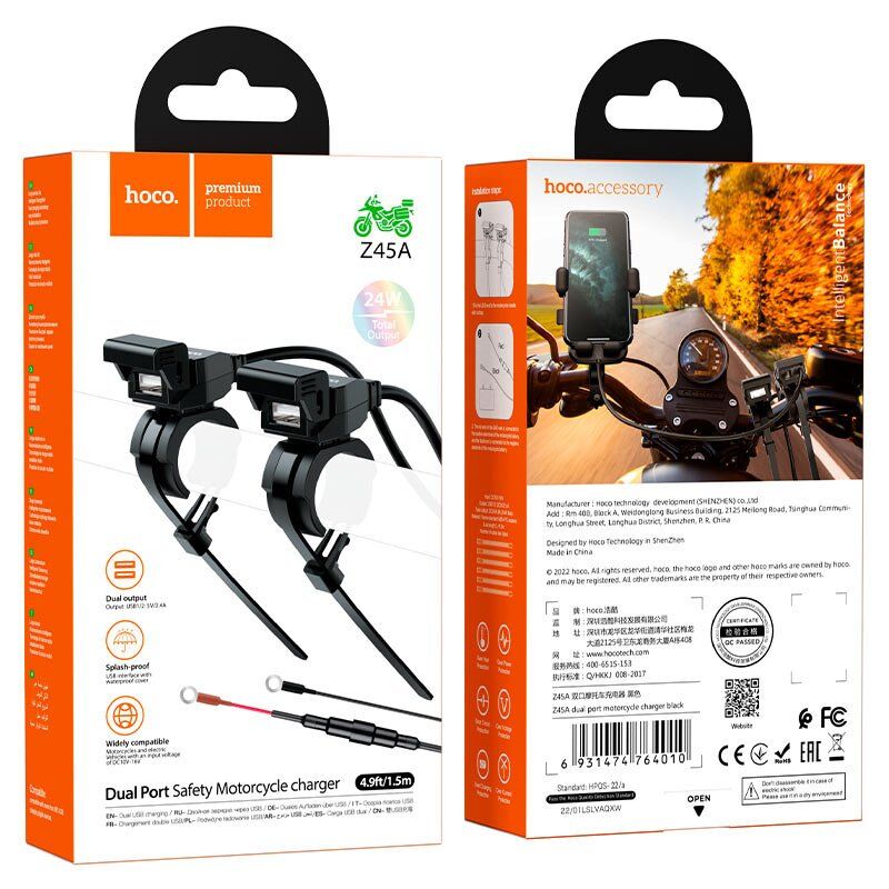 Зарядний пристрій для мотоцикла HOCO Z45A 2USB 2,4A