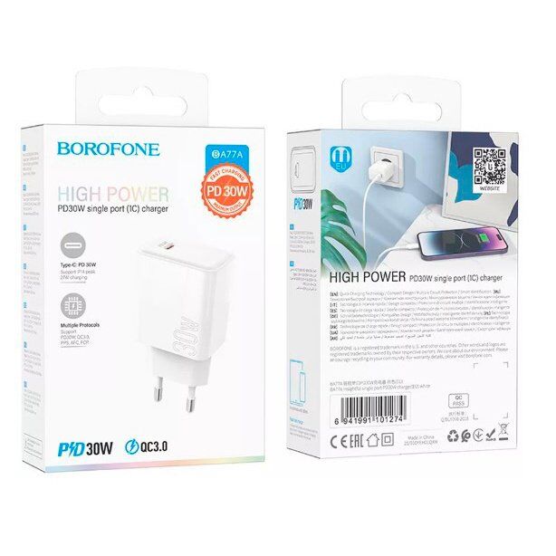 Мережевий зарядний пристрій BOROFONE BA77A Insightful TYPE-C PD 30W, білий Мережевий зарядний пристрій BOROFONE BA77A Insightful TYPE-C PD 30W, білий