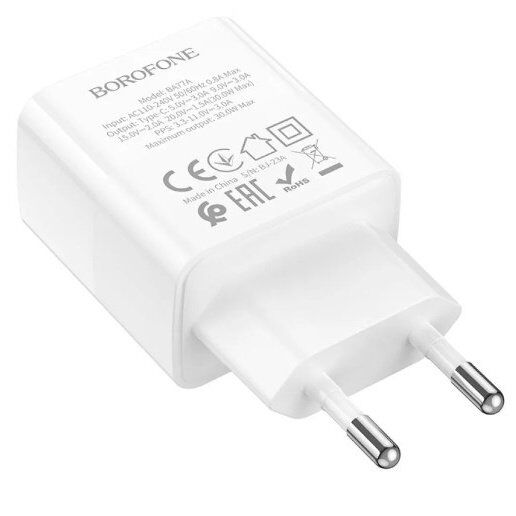Мережевий зарядний пристрій BOROFONE BA77A Insightful TYPE-C PD 30W, білий Мережевий зарядний пристрій BOROFONE BA77A Insightful TYPE-C PD 30W, білий
