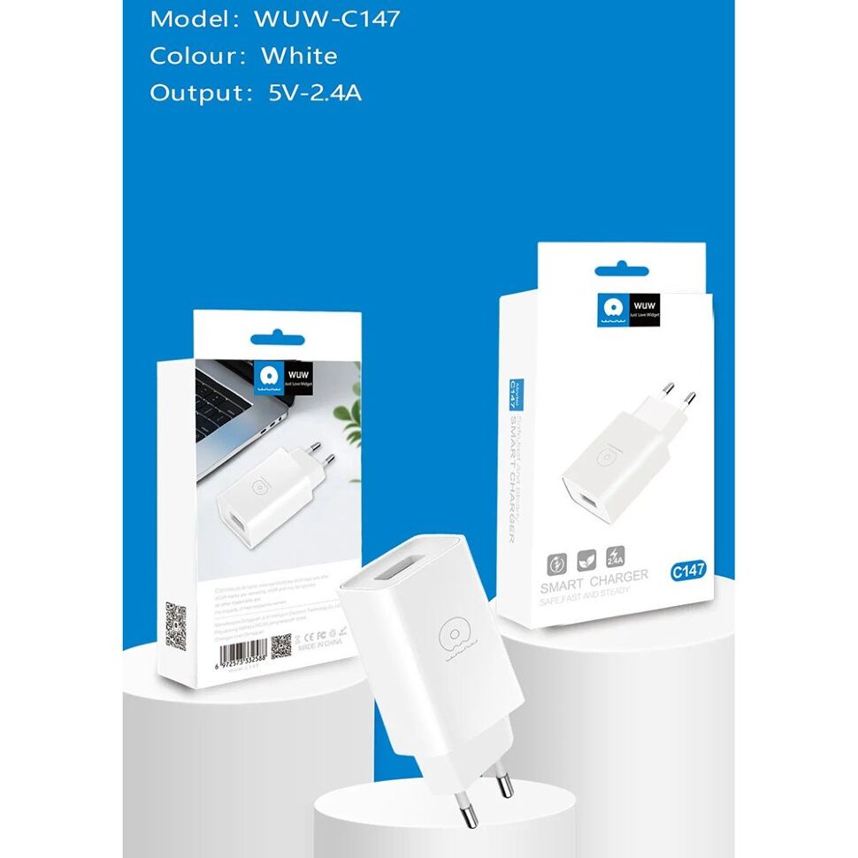 Мережевий зарядний пристрій WUW C147 2.4A 1USB БІЛИЙ (70) Мережевий зарядний пристрій WUW C147 2.4A 1USB БІЛИЙ (70)