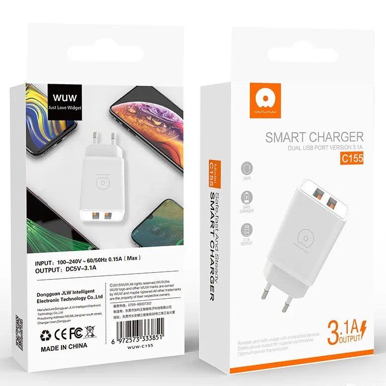 Мережевий зарядний пристрій WUW C155 3,1A 2USB БІЛИЙ