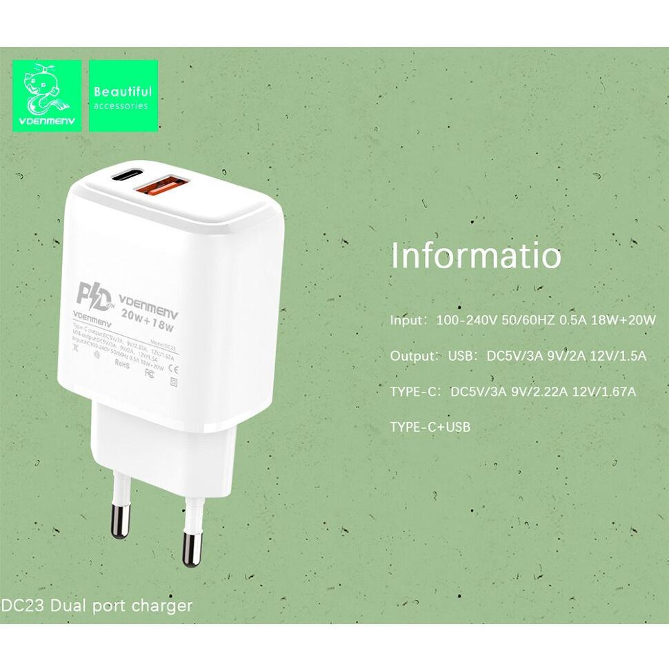 Мережевий зарядний пристрій DENMEN DC23 TYPE-C + USB