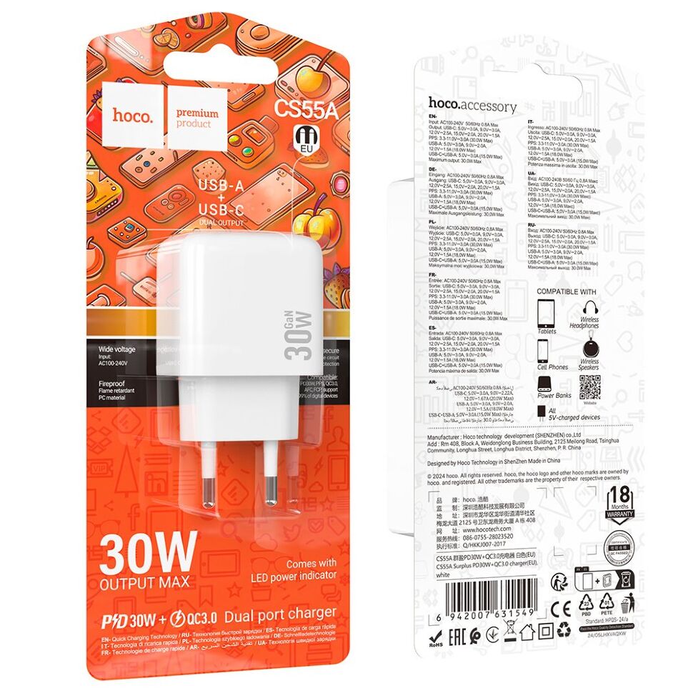 Мережевий зарядний пристрій HOCO CS55A TYPE-C PD 30W + USB QC 3.0, білий