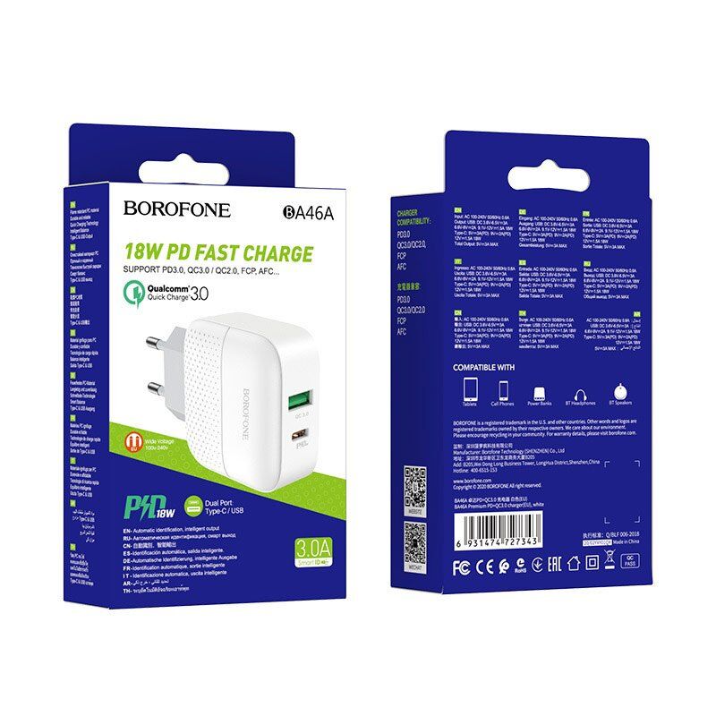 Мережевий зарядний пристрій BOROFONE BA46A Premium Type-C PD 18W + USB QC3.0 Мережевий зарядний пристрій BOROFONE BA46A Premium Type-C PD 18W + USB QC3.0