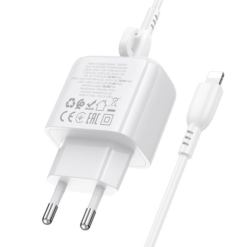 Мережевий зарядний пристрій BOROFONE BAS45A TYPE-C PD 30W / USB QC3.0 + кабель TYPE-C - LIGHTNING, білий
