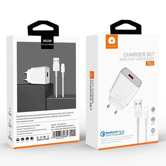 Мережевий зарядний пристрій WUW T62 18W QC3.0 + USB Type-C БІЛИЙ