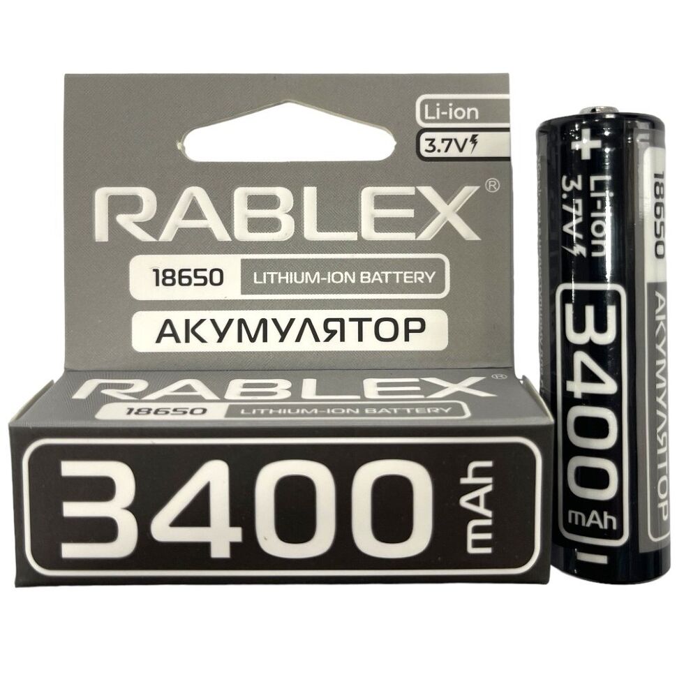 Акумулятор Rablex 18650 Li-Ion ICR18650 3400mAh TipTop 3.7V сірий в упаковці Акумулятор Rablex 18650 Li-Ion ICR18650 3400mAh TipTop 3.7V сірий в упаковці