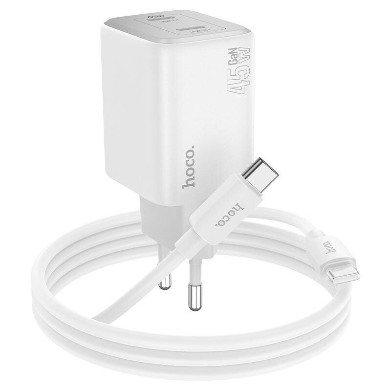 Мережевий зарядний пристрій HOCO N42 2 TYPE-C PD 45W + КАБЕЛЬ Type-C - Type-C, БІЛИЙ