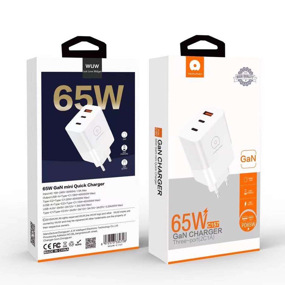 Мережевий зарядний пристрій WUW C157 GAN 65W USB + 2 TYPE-C Мережевий зарядний пристрій WUW C157 GAN 65W USB + 2 TYPE-C