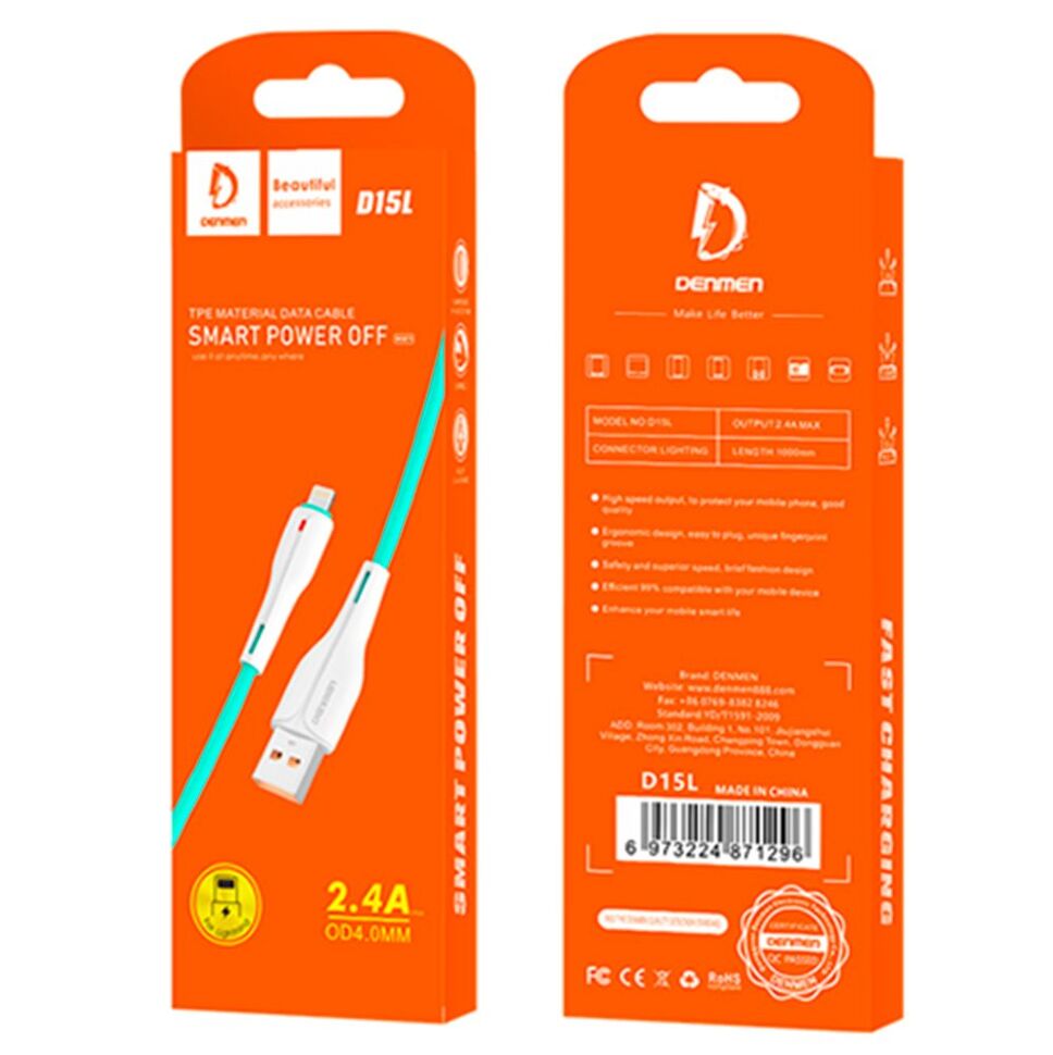 Кабель USB Denmen D15L USB - Lightning (2.4A) OD4.0мм Кабель USB Denmen D15L USB - Lightning (2.4A) OD4.0мм