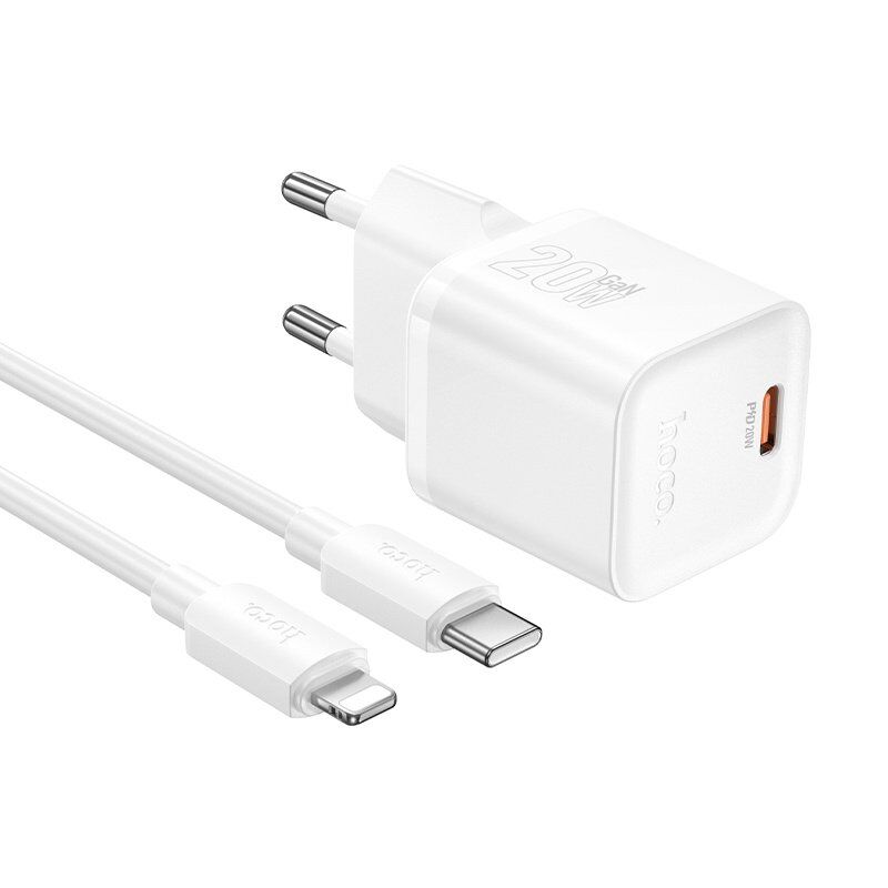 Зарядний пристрій HOCO N64 Ingenious, 20 Вт PD, один USB-C порт, комплект з кабелем Type-C to LIGHTNING, EU-вилка, білий Зарядний пристрій HOCO N64 Ingenious, 20 Вт PD, один USB-C порт, комплект з кабелем Type-C to LIGHTNING, EU-вилка, білий