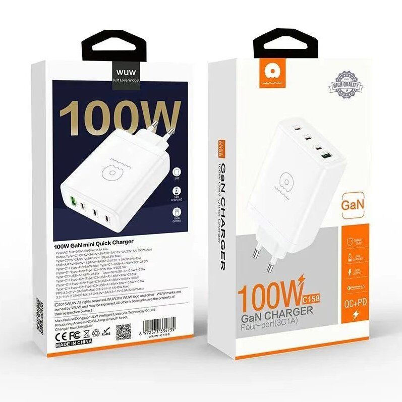 Мережевий зарядний пристрій WUW C158 GaN 100W USB + 3 TYPE-C Мережевий зарядний пристрій WUW C158 GaN 100W USB + 3 TYPE-C