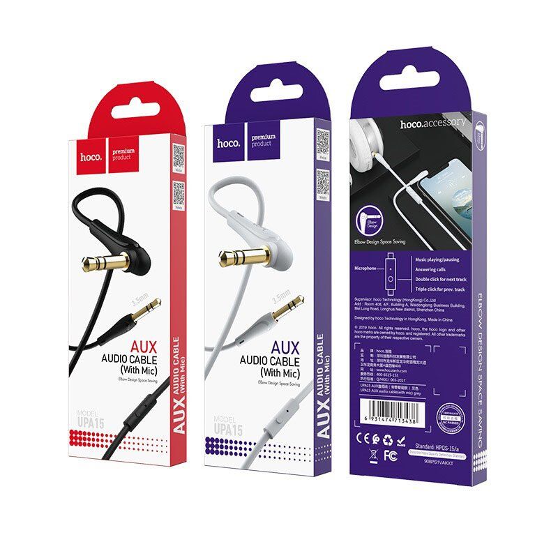 Кабель AUX HOCO UPA15 + Микрофон 2 pin (1М) (30pc) (черный)