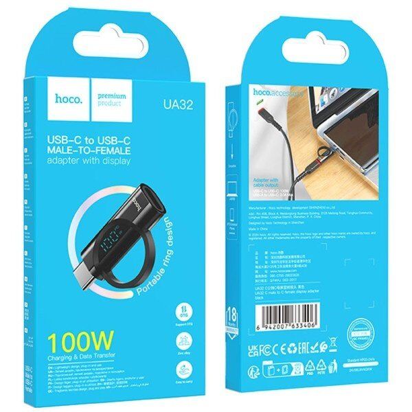 Перехідник HOCO LCD UA32 100W OTG Type-C (папа) - Type-C (мама), чорний Перехідник HOCO LCD UA32 100W OTG Type-C (папа) - Type-C (мама), чорний