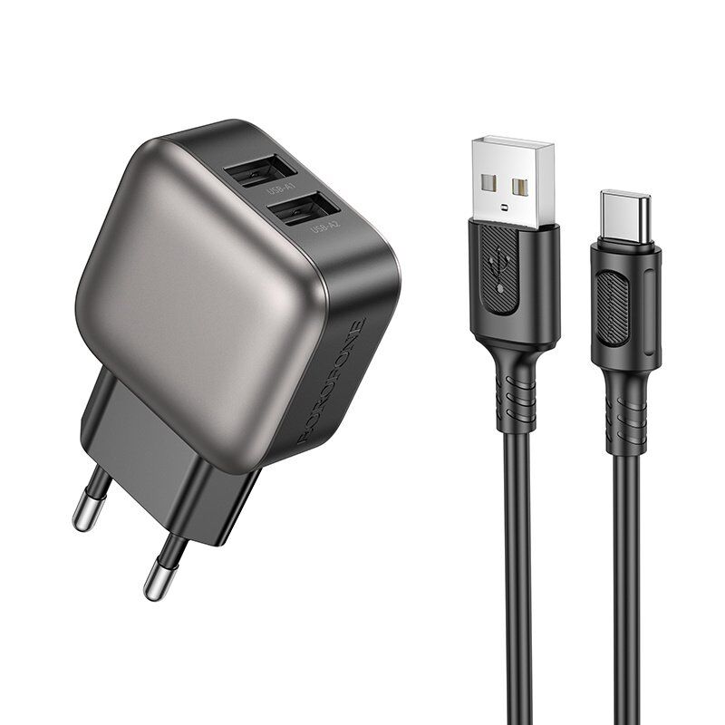 Мережевий зарядний пристрій BOROFONE BAS51A 2 USB 2.4A 12W + кабель USB - TYPE-C, чорний