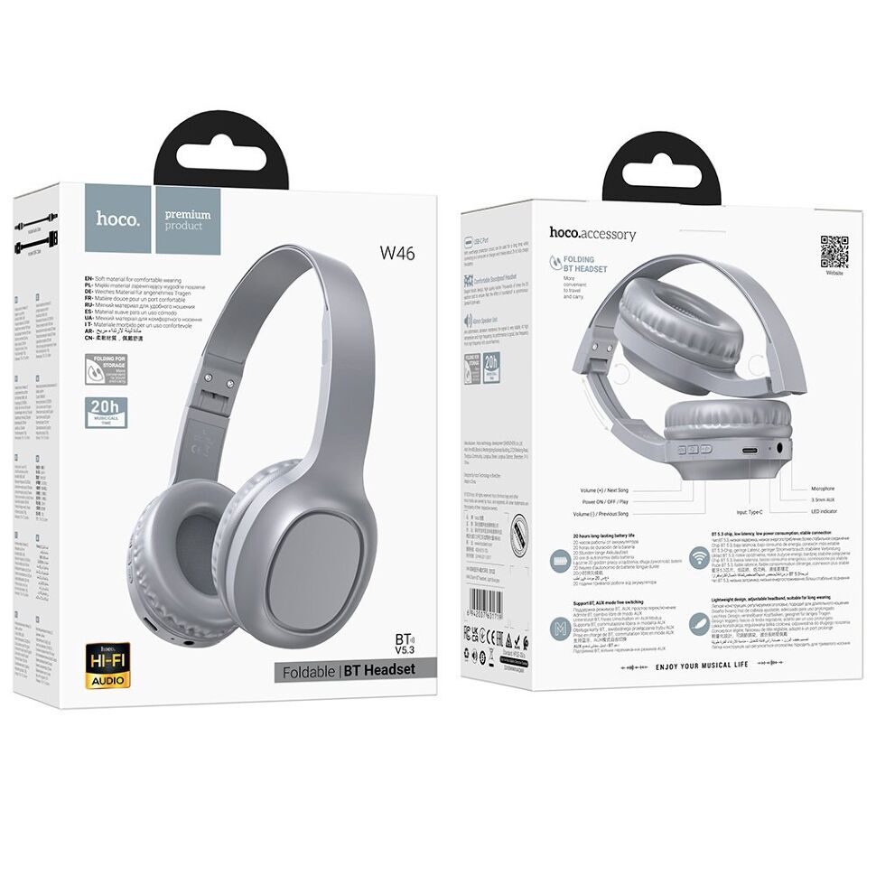 Бездротові повнорозмірні навушники HOCO W46, сірий Бездротові повнорозмірні навушники HOCO W46, сірий