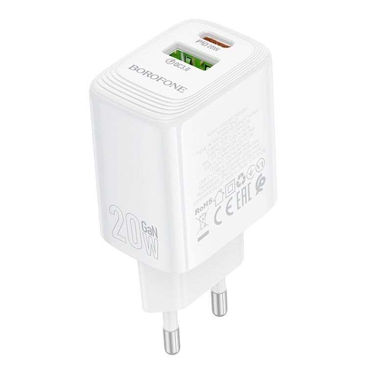 Мережевий зарядний пристрій BOROFONE BN27 TYPE-C PD 20W / USB QC3.0, білий Мережевий зарядний пристрій BOROFONE BN27 TYPE-C PD 20W / USB QC3.0, білий