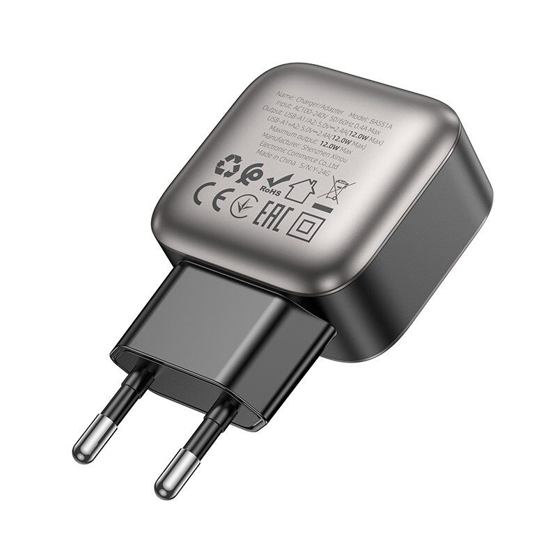 Мережевий зарядний пристрій BOROFONE BAS51A 2 USB 2.4A 12W, чорний