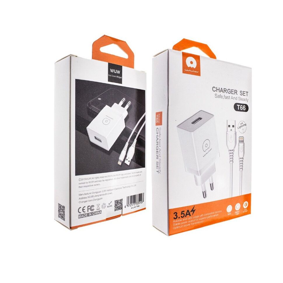Мережевий зарядний пристрій WUW T66 2A + USB кабель Lightning