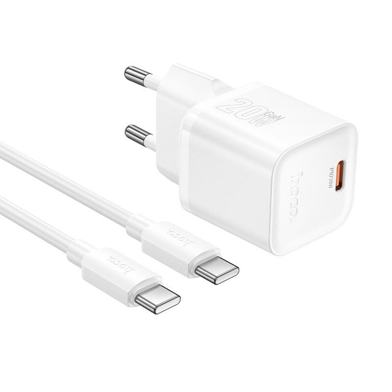 Зарядний пристрій HOCO N64 Ingenious, 20 Вт PD, один USB-C порт, комплект з кабелем Type-C to Type-C, EU-вилка, білий Зарядний пристрій HOCO N64 Ingenious, 20 Вт PD, один USB-C порт, комплект з кабелем Type-C to Type-C, EU-вилка, білий
