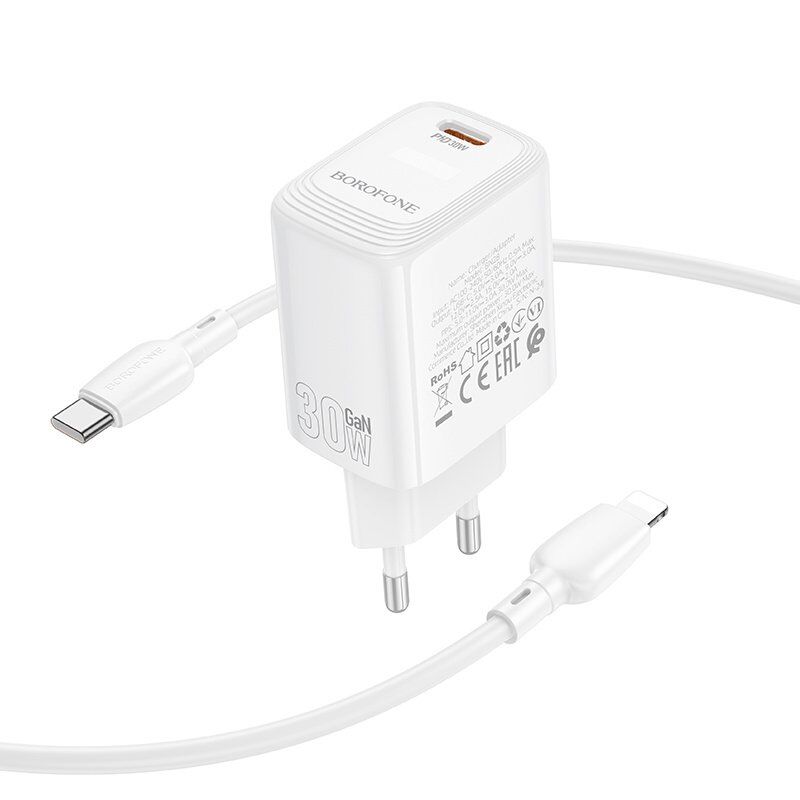 Мережевий зарядний пристрій BOROFONE BN28 PD 30W + кабель TYPE-C - LIGHTNING, білий Мережевий зарядний пристрій BOROFONE BN28 PD 30W + кабель TYPE-C - LIGHTNING, білий