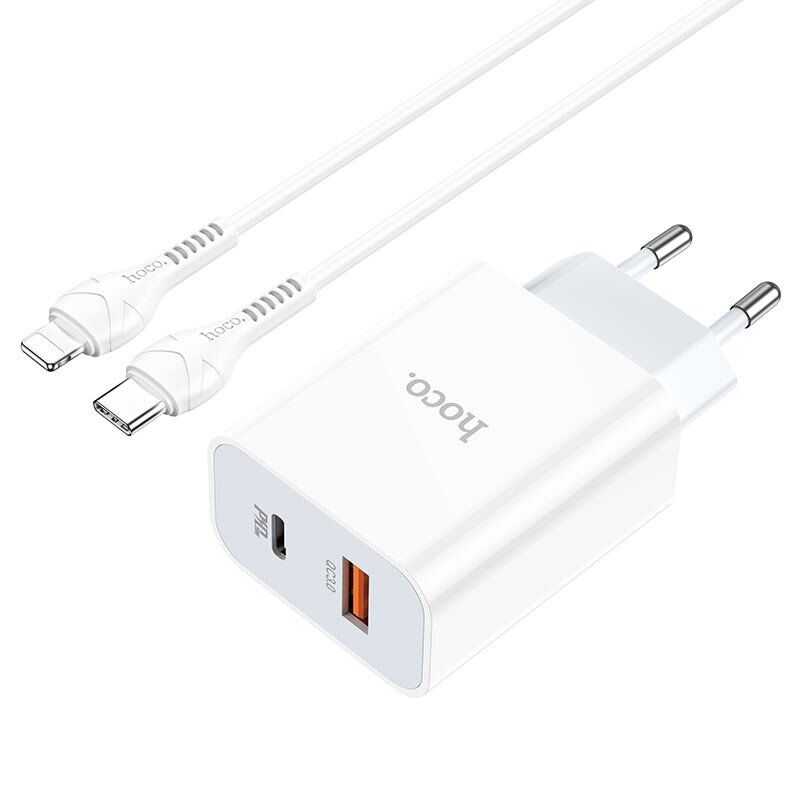 Мережевий зарядний пристрій HOCO C97A TYPE-C PD 20W + USB QC 3.0 + кабель TYPE-C - LIGHTNING, БІЛИЙ Мережевий зарядний пристрій HOCO C97A TYPE-C PD 20W + USB QC 3.0 + кабель TYPE-C - LIGHTNING, БІЛИЙ