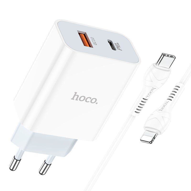 Мережевий зарядний пристрій HOCO C97A TYPE-C PD 20W + USB QC 3.0 + кабель TYPE-C - LIGHTNING, БІЛИЙ Мережевий зарядний пристрій HOCO C97A TYPE-C PD 20W + USB QC 3.0 + кабель TYPE-C - LIGHTNING, БІЛИЙ