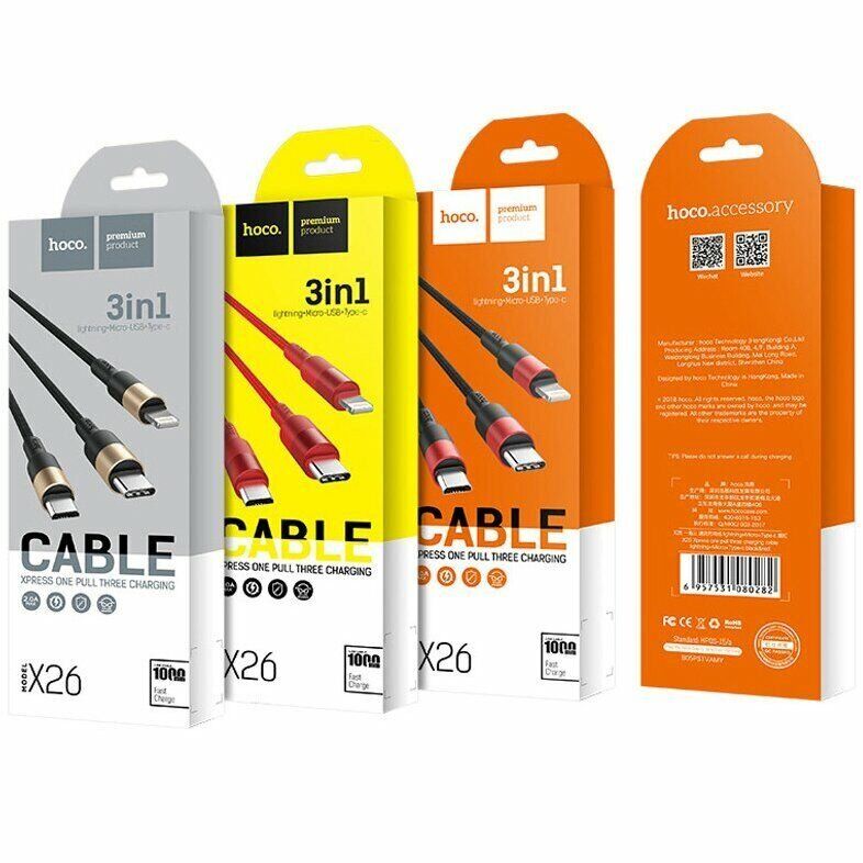 USB Кабель HOCO X26 3in1 USB - Lightning + MicroUSB + Type-C 1М, чорно-золотий USB Кабель HOCO X26 3in1 USB - Lightning + MicroUSB + Type-C 1М, чорно-золотий