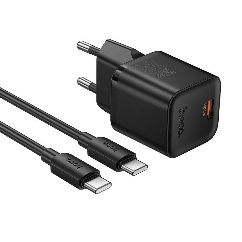 Зарядний пристрій HOCO N64 Ingenious, 20 Вт PD, один USB-C порт, комплект з кабелем Type-C to Type-C, EU-вилка, чорний Зарядний пристрій HOCO N64 Ingenious, 20 Вт PD, один USB-C порт, комплект з кабелем Type-C to Type-C, EU-вилка, чорний