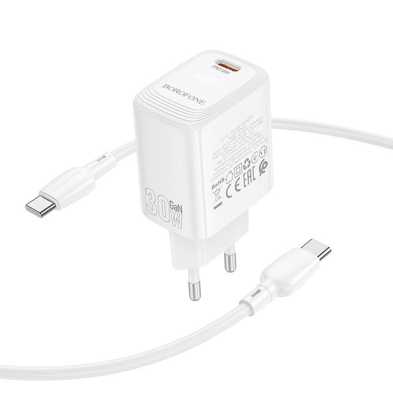 Мережевий зарядний пристрій BOROFONE BN28 PD 30W + кабель TYPE-C - TYPE-C, білий