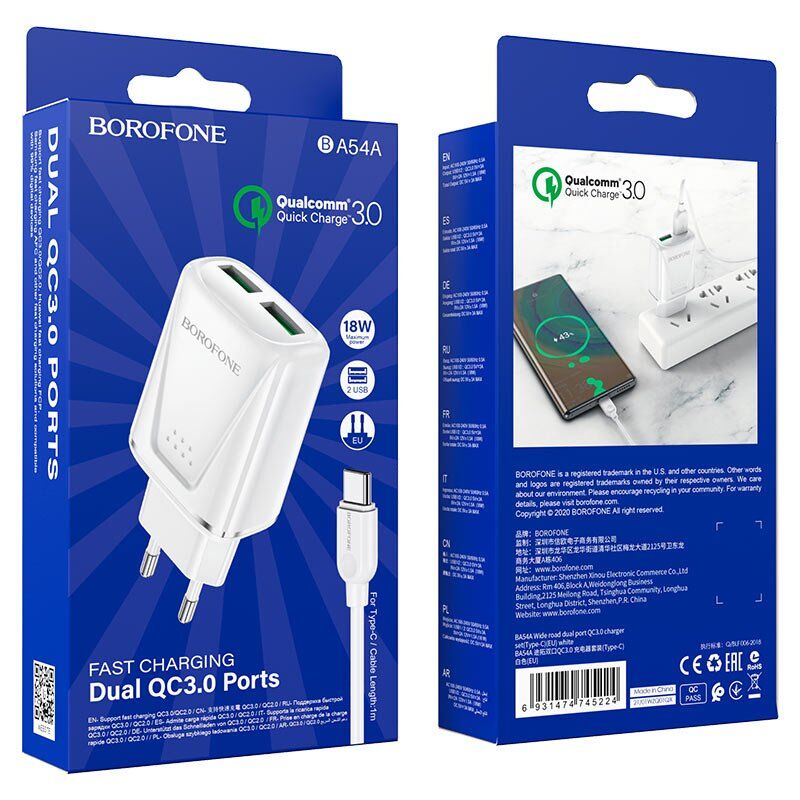 Мережевий зарядний пристрій BOROFONE BA54A Wide road dual port QC3.0 + кабель USB - TYPE-C Мережевий зарядний пристрій BOROFONE BA54A Wide road dual port QC3.0 + кабель USB - TYPE-C