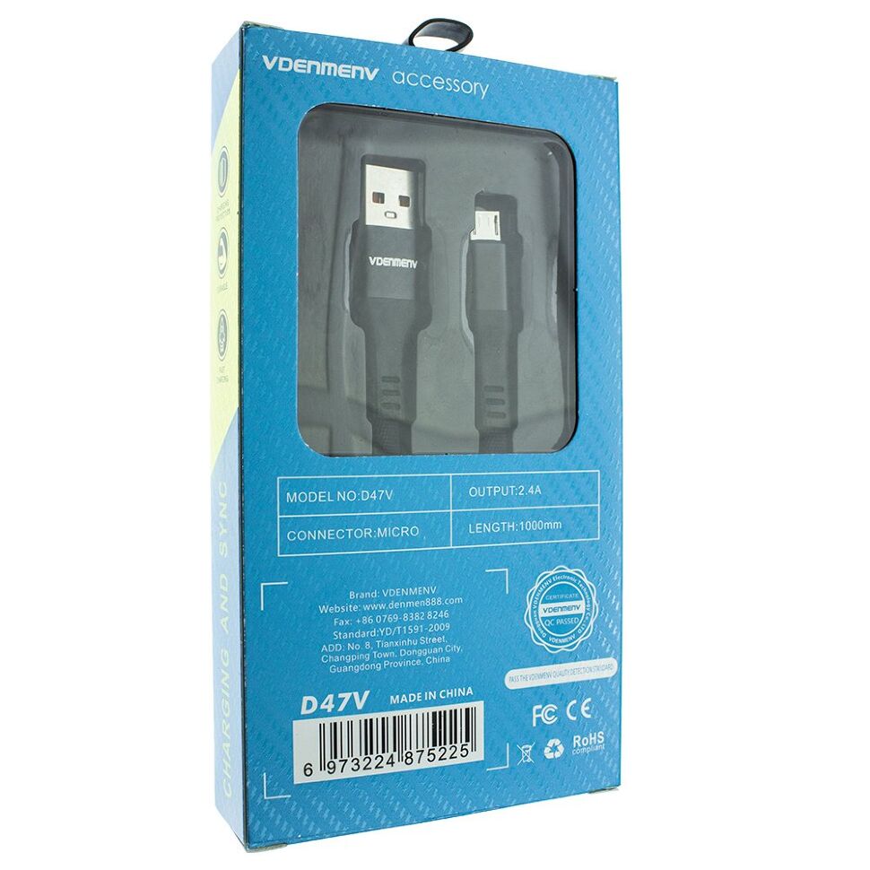 Кабель USB Denmen D47V USB - micro USB (2,4A) ТКАНИНОВА ОПЛЕТКА Кабель USB Denmen D47V USB - micro USB (2,4A) ТКАНИНОВА ОПЛЕТКА