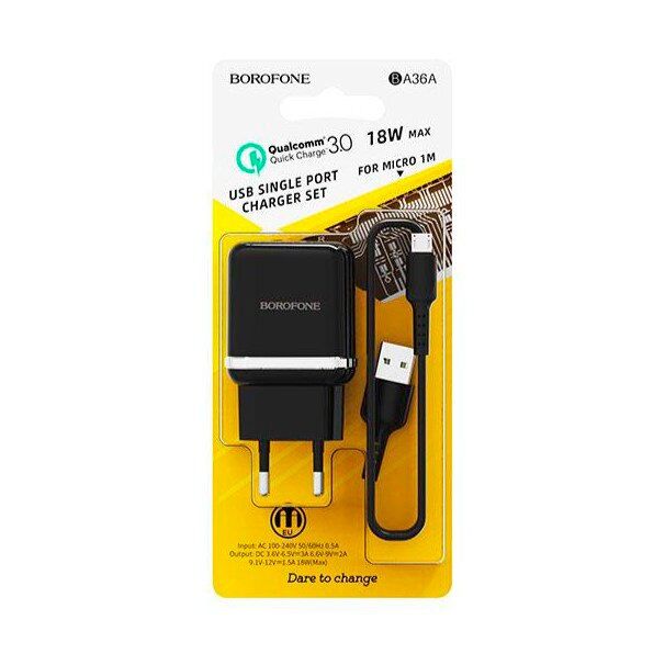 СЗУ Borofone BA36A QC3.0 (1USB/3A) + USB - MicroUSB (черный) СЗУ Borofone BA36A QC3.0 (1USB/3A) + USB - MicroUSB (черный)