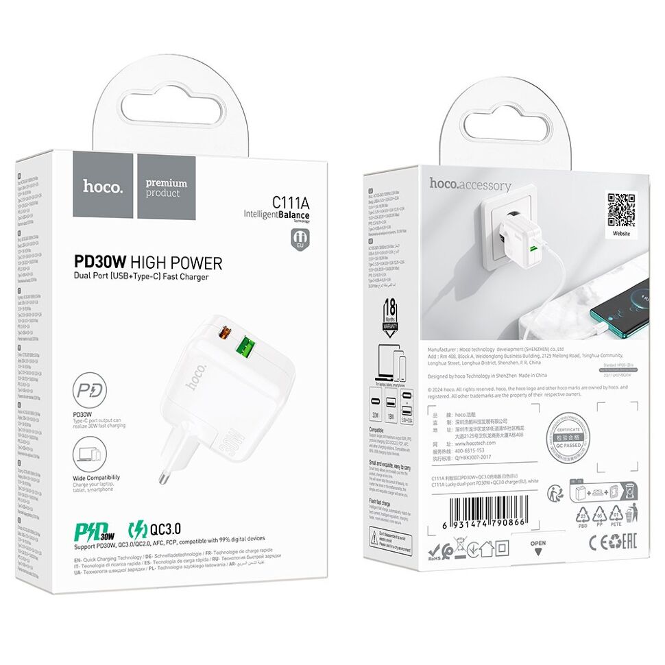Мережевий зарядний пристрій HOCO C111A TYPE-C PD 30W + QC3.0, БІЛИЙ