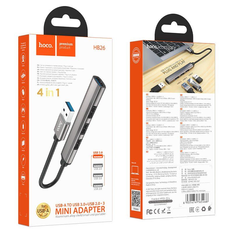 USB-хаб HOCO HB26 4В1 роз'єм USB-A (1 порт USB 3.0 + 3 порти USB 2.0) USB-хаб HOCO HB26 4В1 роз'єм USB-A (1 порт USB 3.0 + 3 порти USB 2.0)