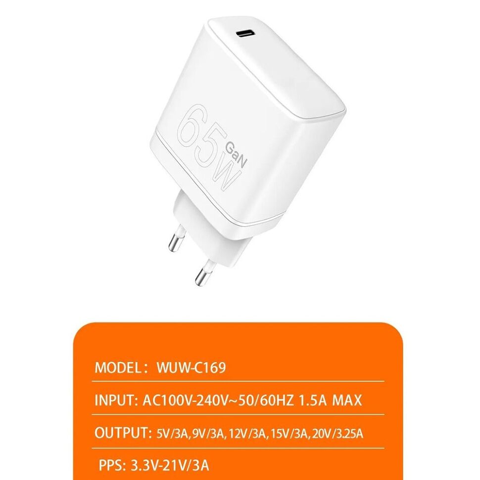 Мережевий зарядний пристрій WUW C169 GaN TYPE-C PD 65W Мережевий зарядний пристрій WUW C169 GaN TYPE-C PD 65W