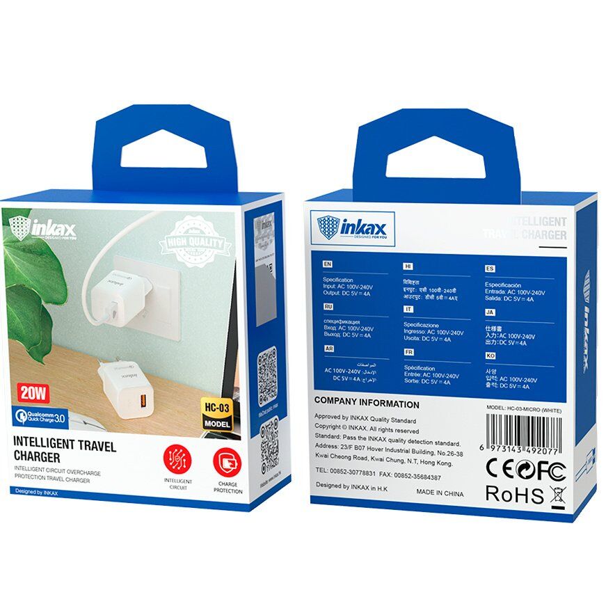 Мережевий зарядний пристрій INKAX HC-03 QC 3.0 20W 3A + USB кабель Micro-USB