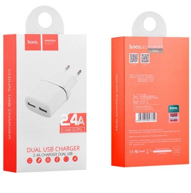 СЗУ HOCO C12 Smart (2USB/2.4A) (10pc) (белый)