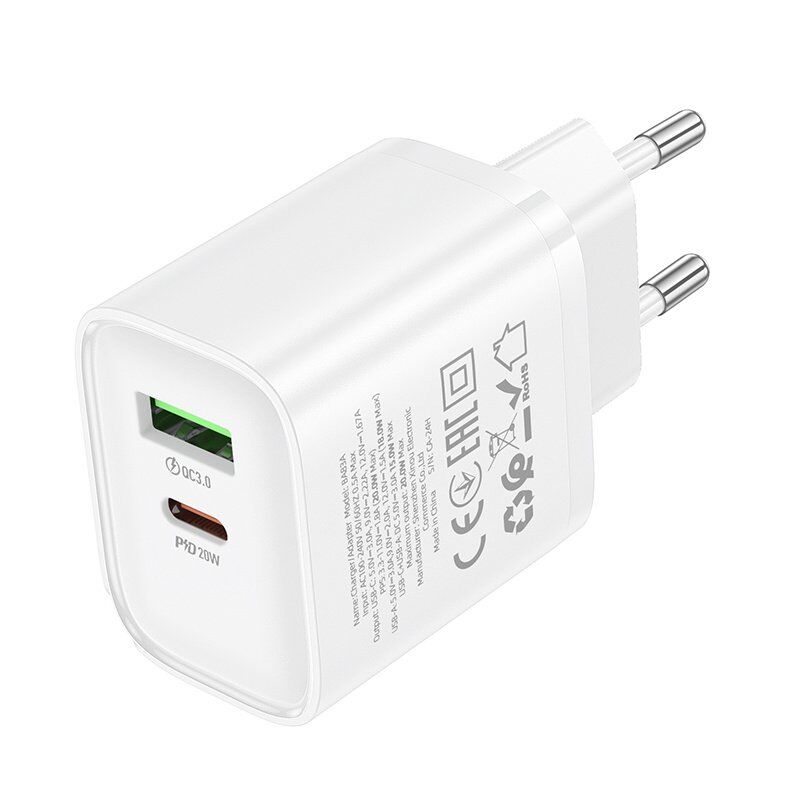 Мережевий зарядний пристрій BOROFONE BA83A TYPE-C PD 20W + USB QC3.0, білий Мережевий зарядний пристрій BOROFONE BA83A TYPE-C PD 20W + USB QC3.0, білий
