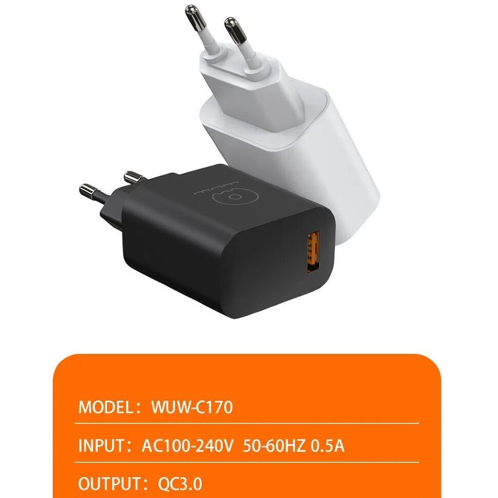 Мережевий зарядний пристрій WUW C170 18W USB QC3.0 БІЛИЙ Мережевий зарядний пристрій WUW C170 18W USB QC3.0 БІЛИЙ