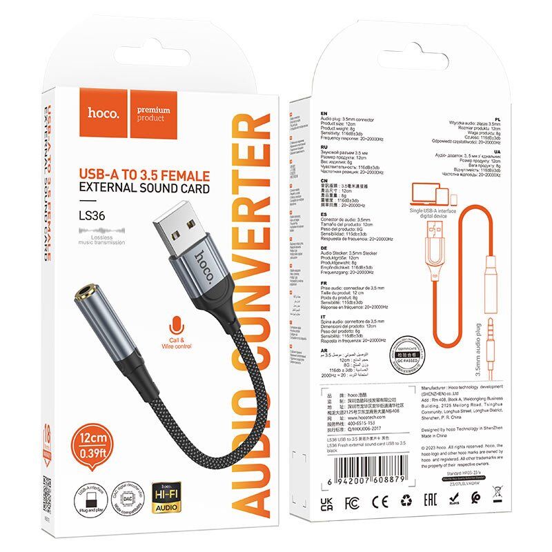 Перехідник HOCO LS36 зовнішня звукова карта USB - jack 3.5мм 0,12м чорний Перехідник HOCO LS36 зовнішня звукова карта USB - jack 3.5мм 0,12м чорний