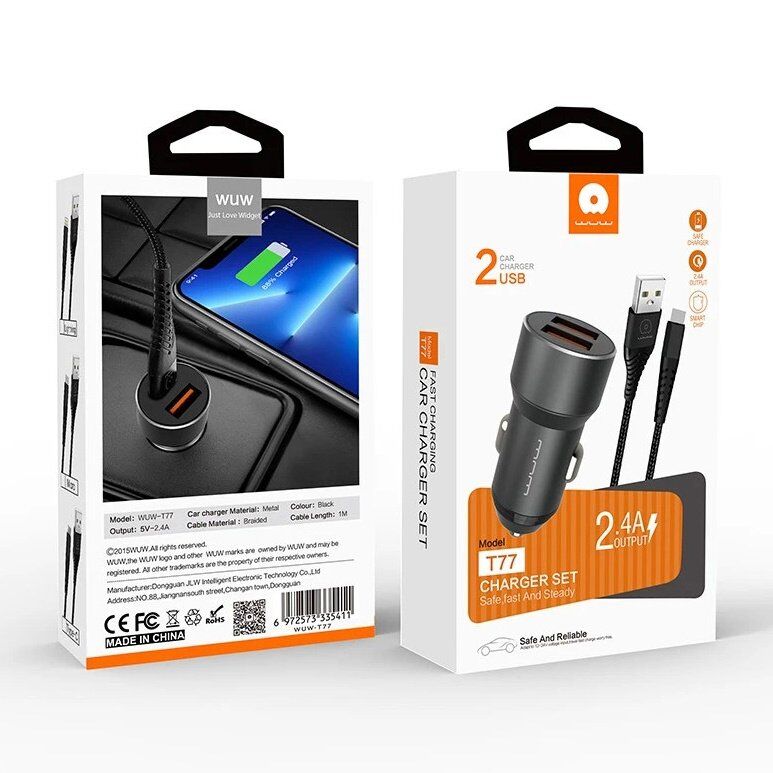 Автомобільний зарядний пристрій WUW T77 2 USB 2.4A + кабель USB Type-C