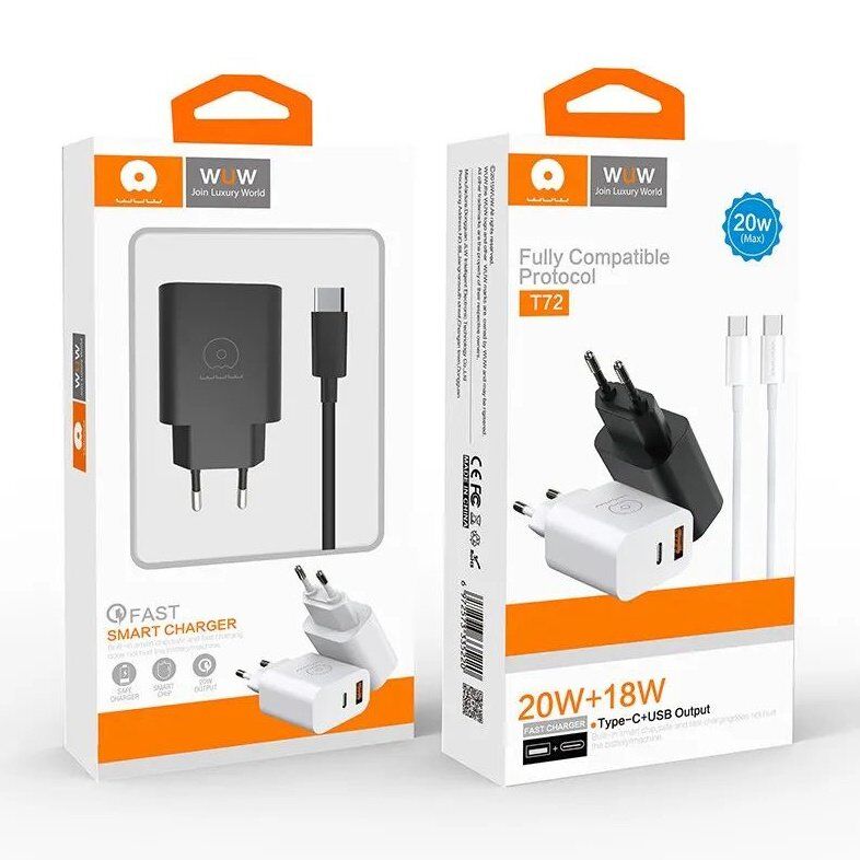 Мережевий зарядний пристрій WUW T72 TYPE-C PD 20W | USB 18W + USB кабель Type-C - Type-C БІЛИЙ