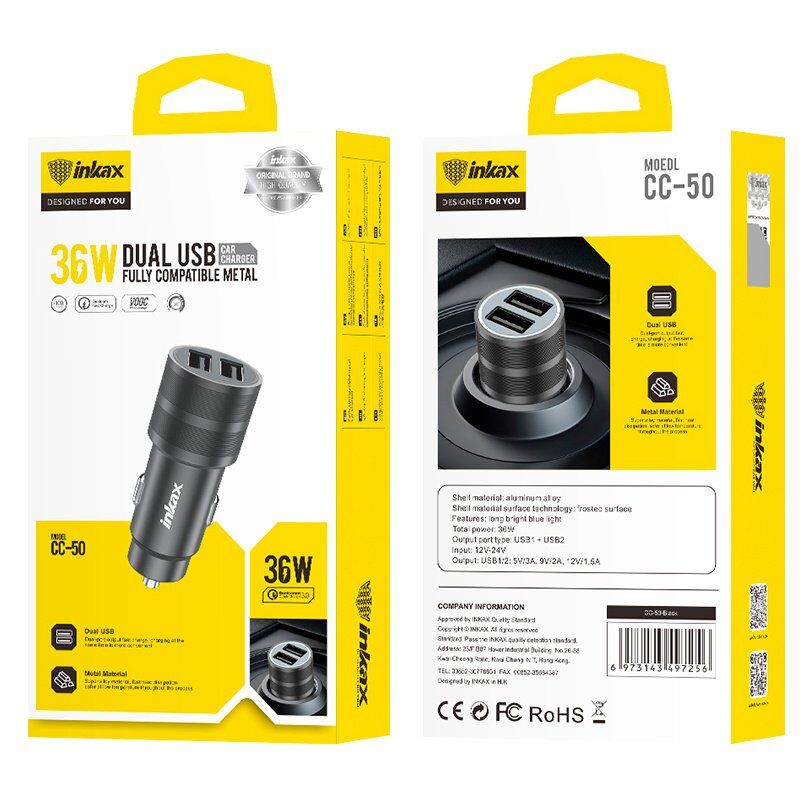 Автомобільний зарядний пристрій INKAX CC-50 2 USB / QC 3.0 / 36W Автомобільний зарядний пристрій INKAX CC-50 2 USB / QC 3.0 / 36W