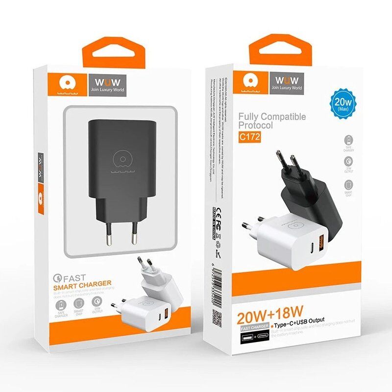 Мережевий зарядний пристрій WUW C172 TYPE-C PD 20W | USB 18W БІЛИЙ Мережевий зарядний пристрій WUW C172 TYPE-C PD 20W | USB 18W БІЛИЙ