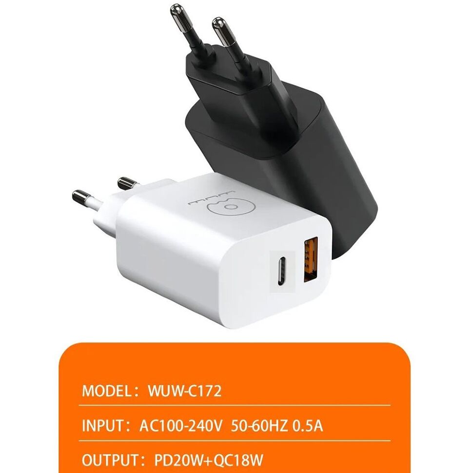 Мережевий зарядний пристрій WUW C172 TYPE-C PD 20W | USB 18W БІЛИЙ Мережевий зарядний пристрій WUW C172 TYPE-C PD 20W | USB 18W БІЛИЙ
